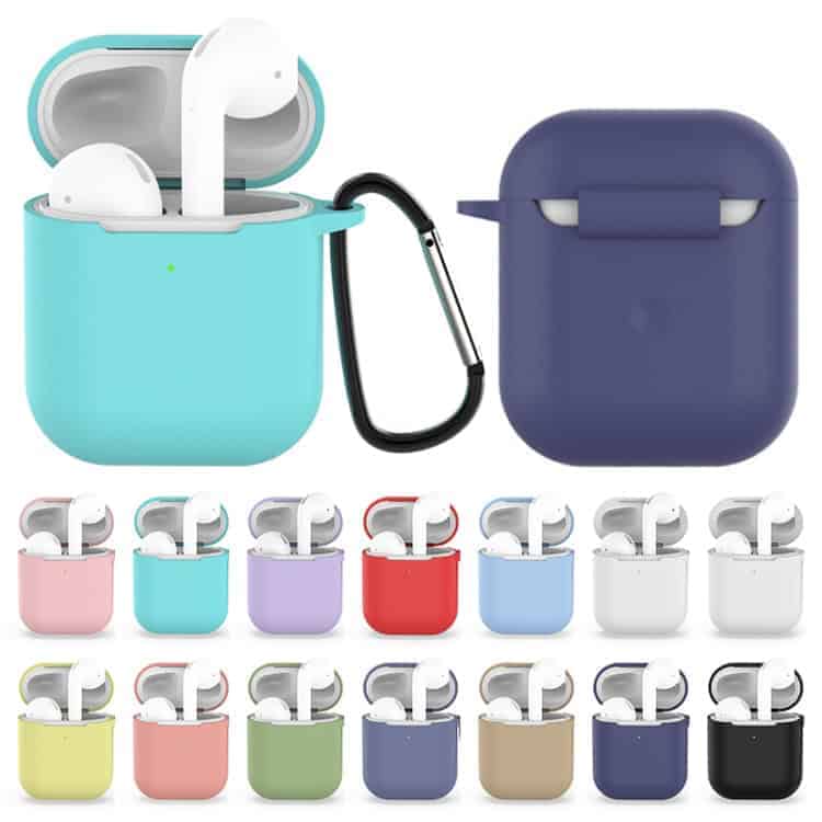 Shockproof Silicone Case for Apple AirPods 1/2 – Ultimate Wireless Earphones Protection 8 Various Colored Cases For Airpods, Including Teal, Purple, Red, And White, With Airpods Inside One Case.