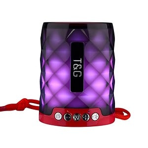 Portable Bluetooth speaker with LED lights, black and purple geometric design, user-friendly controls, ideal for outdoor and indoor use, wireless connectivity, and premium sound quality.