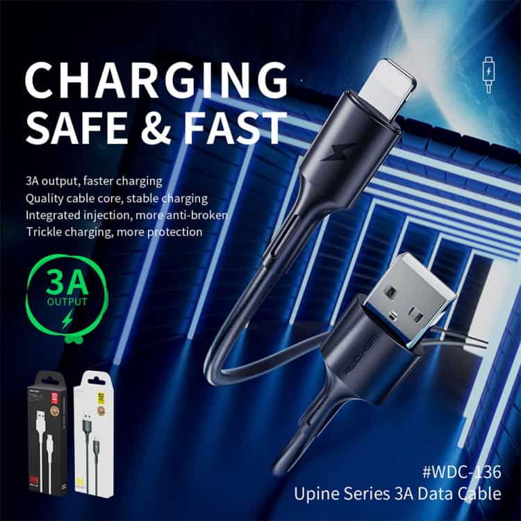 WK WDC-136 3A Fast Charging USB to 8 Pin Data Cable - Black & White 5 1. High-Speed Usb Type-C Charging Cable With 3A Output, Durable Design, Integrated Anti-Broken Feature, And Fast Data Transfer For Reliable Mobile Device Charging.