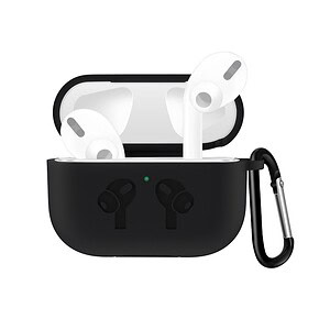 Black charging case with white AirPods and a carabiner clip attached for portability.