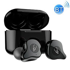 Wireless Bluetooth earbuds with charging case, noise-canceling, portable audio device, high-quality sound, perfect for music and calls.