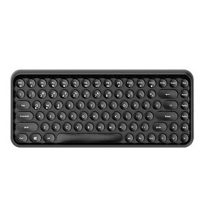 Black wireless keyboard with round keys arranged in a compact layout for typing.