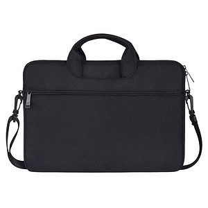 Black professional laptop bag with handle and adjustable shoulder strap for business and travel use.