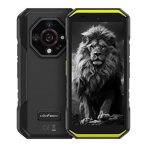 Ulefone smartphone with a rugged design, featuring a lion image on the screen and a distinct camera layout on the back.