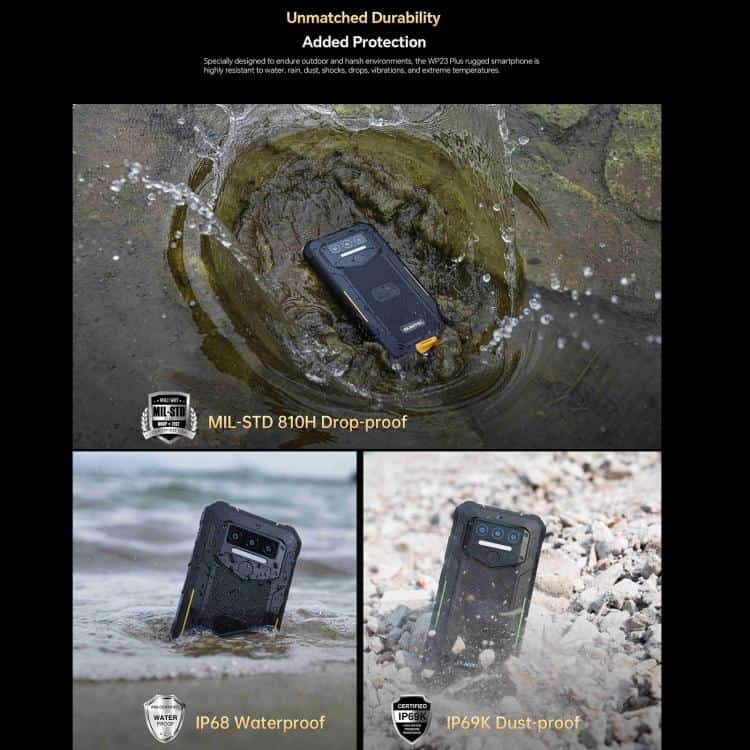 Oukitel WP23 Plus: Rugged 6.52" 8GB+256GB Android 14.0 NFC Octa-core 4G Phone 6 Rugged Smartphone Showcasing Waterproof And Dust-Proof Features In Outdoor Settings With Water Splashes.