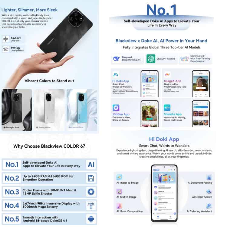 Blackview COLOR 6: 8GB+128GB, 6.67" Android 15, Face & Fingerprint ID, Octa Core 7 1. Modern Blackview Smartphone With Sleek Design, 6.45-Inch Ultra-Stem Display, 199G Lightweight Build, Vibrant Color Options Like Midnight Black And Electrical Blue, Perfect For Tech Enthusiasts.