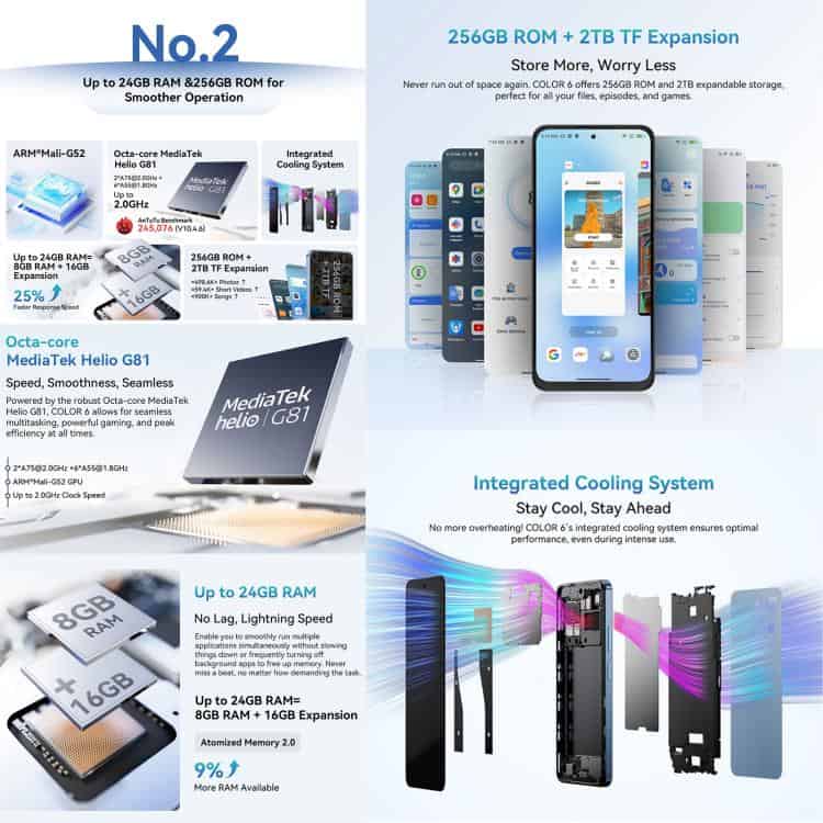 Blackview COLOR 6: 8GB+128GB, 6.67" Android 15, Face & Fingerprint ID, Octa Core 11 256Gb Rom 2Tb Tf Expansion, Seamless Storage Solution, Mobile Device Performance, Integrated Cooling System, Cortex A55 Cpu, And High Ram Capacity For Efficient Operation.