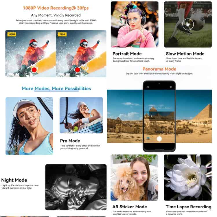 Blackview COLOR 6: 8GB+128GB, 6.67" Android 15, Face & Fingerprint ID, Octa Core 13 1. High-Resolution 1080P Video Recording With 30Fps, Showcasing Advanced Camera Modes For Capturing Vivid Moments And Scenic Landscapes With Smartphone Technology.