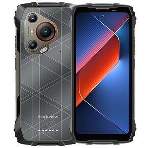 Blackview smartphone with a geometric design and dual camera setup on the back, displaying a vibrant screen.