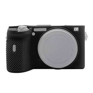 Black camera body with a smooth surface and textured grip, featuring an E-mount lens attachment.