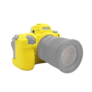 Yellow digital camera with a large lens, showcasing a modern design and textured grip.