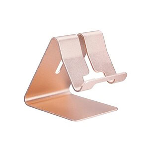 Metal tablet stand in a rose gold finish with a triangular design for stability and support.