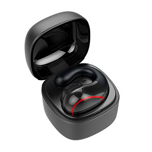 Wireless earbuds in charging case, tech gadgets, audio earbuds, black wireless earphones, Syndmart electronics product.