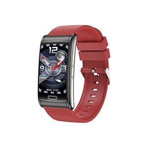 Smartwatch with red silicone strap, fitness tracker, and digital display showing time, date, heart rate, and activity stats. Perfect for health monitoring and stylish wear.