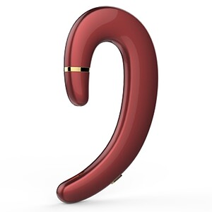 Wireless Bluetooth earpiece in sleek red design for hands-free calls.