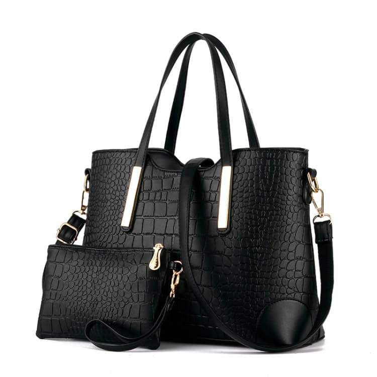 Vintage Crocodile Pattern Shoulder Bag: 2 in 1 Messenger & Handbag Combo, Leather Wallet 1 Black Crocodile-Embossed Tote Bag With Matching Wristlet And Removable Shoulder Strap, Perfect For Fashion-Forward Women. Stylish And Functional Accessory For Daily Use.