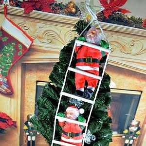 Santa Claus ornaments hanging on Christmas tree with ladder, holiday decor, festive decorations for Christmas, Syndmart holiday collection, seasonal gift ideas, and Christmas ornament shopping.
