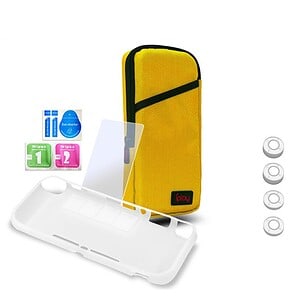 Blister pack of smartphone cleaning and sanitation wipes, screen protector, and yellow carrying case, all essential accessories for mobile device hygiene and protection.