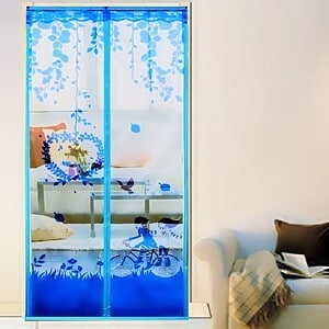 Blue transparent sliding door with nature-inspired design, ideal for modern interiors, showcasing a scenic forest and girl riding a bicycle, perfect for home decoration, privacy, and aesthetic enhancement.