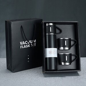 Stainless Steel Vacuum Flask Set With Two Cups In Elegant Black And Silver, Perfect For Hot And Cold Beverages, Ideal For Gifting Or Personal Use.