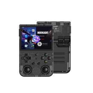Tiny handheld gaming console with transparent casing, colorful buttons, and a screen displaying a game interface, designed for portable gaming and game streaming on Syndmart.