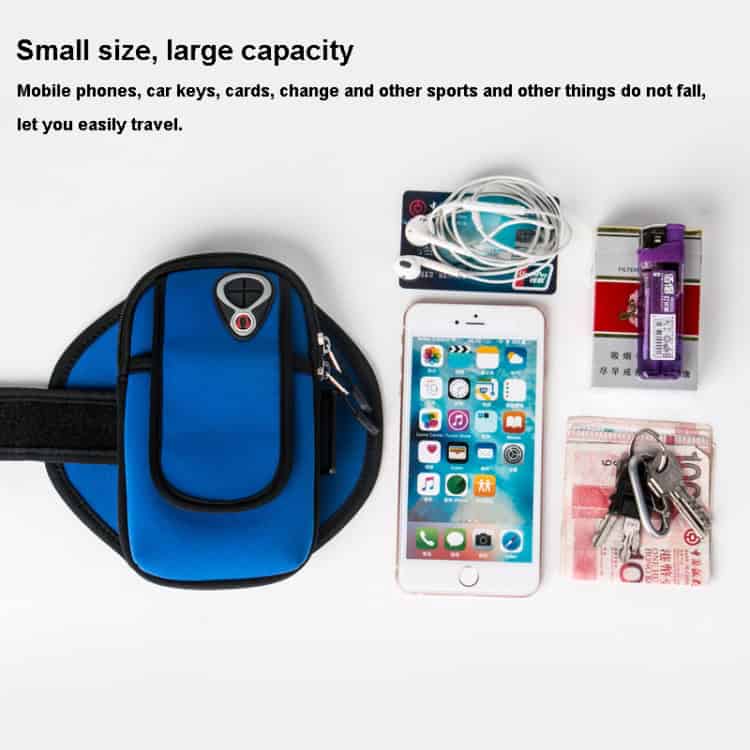 Neoprene Waterproof Phone Arm Bag - Ideal for Running, Sports & Outdoor Activities 4 Small Blue Travel Waist Bag With Phone, Keys, Earphones, And Money For Convenience And Organization During Trips, Highlighting Compact, Large-Capacity Travel Accessories.
