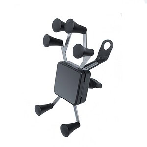 Black mobile phone holder with adjustable clip and silicone grips for car dashboard and windshield, suitable for smartphones and GPS devices.