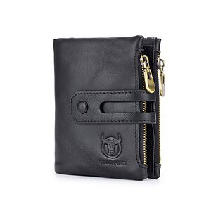Black leather zippered wallet with embossed logo, gold accents, and functional compartments for stylish organization. Perfect for men and women seeking premium quality accessories.