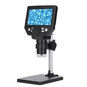Digital microscope with a display screen showing a blue background of bubbles, mounted on a sturdy base.