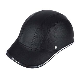 Black leather motorcycle cap with a sleek design and chrome accents for stylish and protective headwear. Perfect for riding enthusiasts seeking comfort and style.