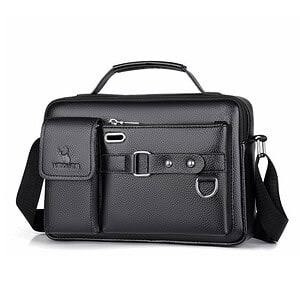 Black leather professional carrying bag with multiple pockets and adjustable shoulder strap for men and women.