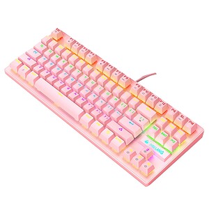 RGB backlit pink mechanical gaming keyboard with colorful keys for enhanced gaming experience and aesthetic appeal. Perfect for gamers and tech enthusiasts seeking stylish keyboard options.
