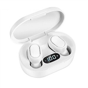 White wireless earbuds in a charging case with a digital display showing battery percentage.