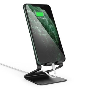 Smartphone on a charging stand with a visible battery status indicating 90% charged.