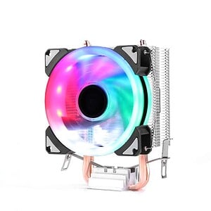 CPU cooler with RGB lighting and copper heat pipes for efficient heat dissipation in computer systems.