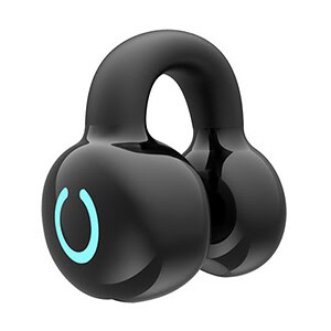 Wireless black earbuds with a blue power symbol on the side, designed for audio listening.