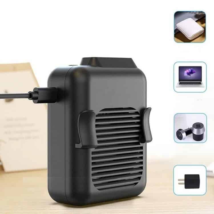 Leafless Mini Hanging Waist Fan - USB Rechargeable, Portable Handheld Cooling 3 Compact Portable Air Purifier With Usb Charging For Home Use And Travel, Featuring A Sleek Black Design Suitable For Laptops, Cars, And Small Spaces.