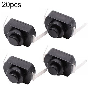 Black tactile push button switches for electronic projects, pack of 20, ideal for DIY, PCB, and circuit board applications.