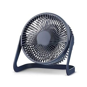 Compact blue desk fan with a circular design and a sturdy stand for stability.
