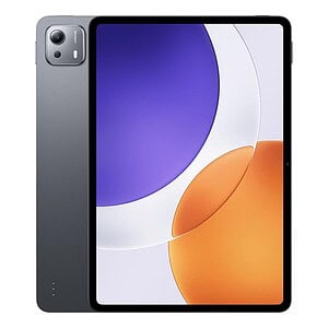 Lightweight gray tablet with a large display screen and a dual camera setup on the back.