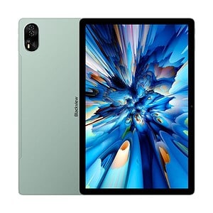 Light green Blackview tablet with a vibrant blue abstract display, modern design, and dual camera setup, ideal for portable entertainment and productivity.
