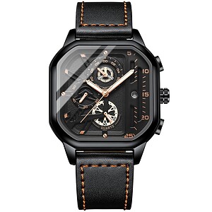 Luxury men's wristwatch with black and rose gold accents, chronograph features, and leather strap, perfect for stylish and sophisticated timekeeping.