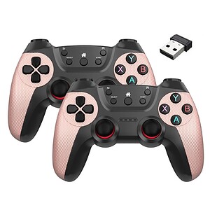 Dual wireless gaming controllers with pink accents, compatible with PlayStation, ideal for online gaming and competitive play, includes USB dongle for seamless connection.