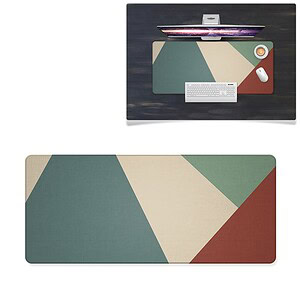 1. Stylish geometric desk mat with multicolor design, compatible with office and gaming setups, providing comfort and stability for keyboards and mice.