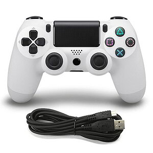 1. White PlayStation 4 controller with black accents and USB charging cable, ideal for gaming enthusiasts.