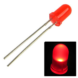 Red LED indicator light with two metal leads for electronic circuits and signaling applications.