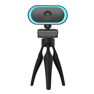 1. High-quality 3D rendering of a modern webcam mounted on a tripod, ideal for streaming, video conferencing, and online meetings.